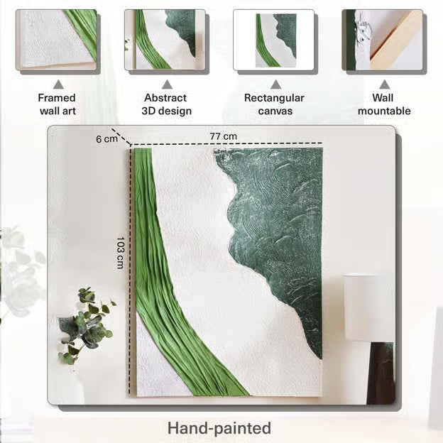 Contemplation abstract hand painted 3d fabric framed wall art 75x3x100cm - green