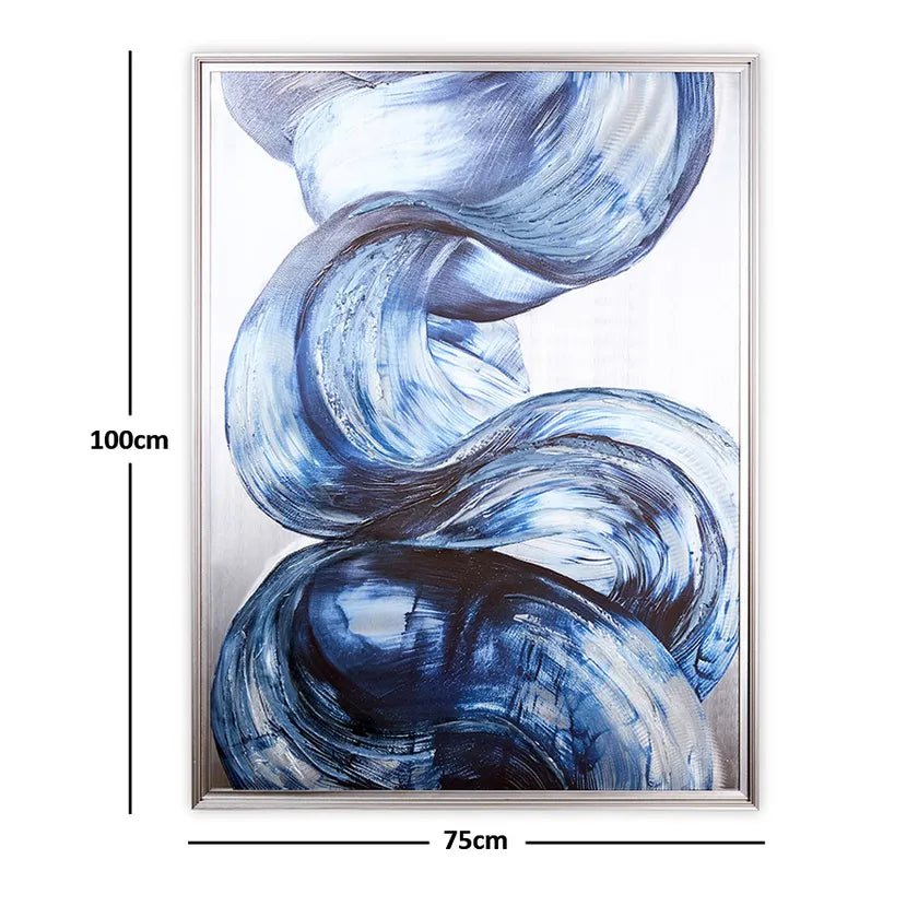 Framed Abstract Swirl Brushstroke Wall Art, Blue & Silver - 75x100cm