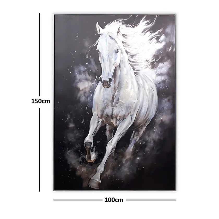 لوحة فنية جدارية مؤطرة لحصان أبيض يركض، باللونين الأبيض والأسود - ١٠٠×١٥٠ سم