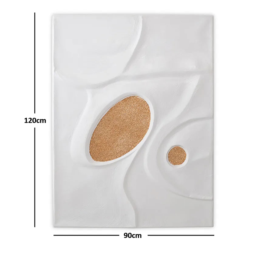 لوحة فنية تجريدية بدون إطار، بلمسات ذهبية بيضاوية، لون أبيض - 90×120 سم