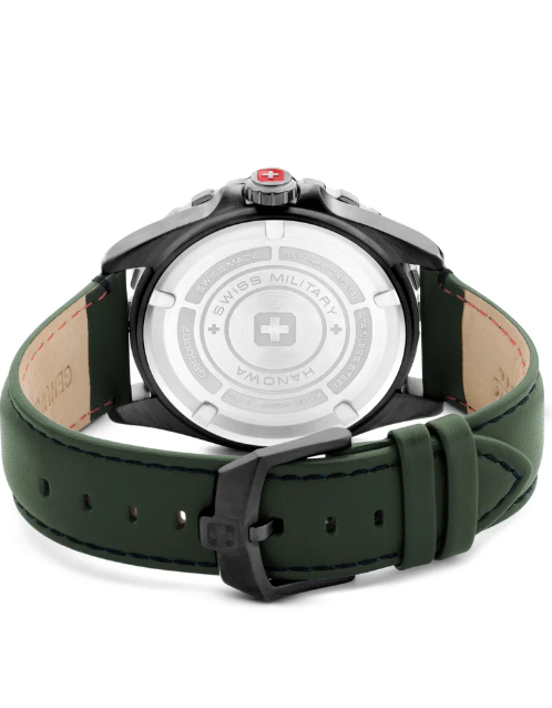 SWISS MILITARY HANOWA Men's Swiss Military Carbon Peak Watch For Men With Green Leather Strap 44mm 10ATM - SMWGB0000251