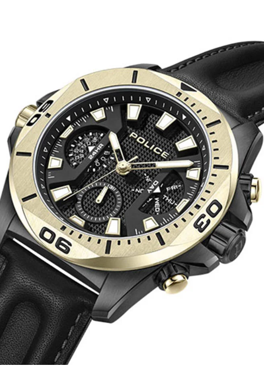 POLICE Electrical 46mm Men's Multifunction Watch with Black Leather Strap