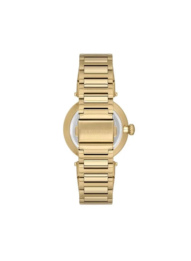 ساعة يو إس بولو نوفلتيز النسائية، مقاس 34 مم، بميناء ذهبي وسوار من الفولاذ المقاوم للصدأ