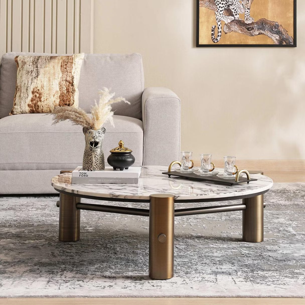 طاولة قهوة من الرخام باللون الأبيض الذهبي 