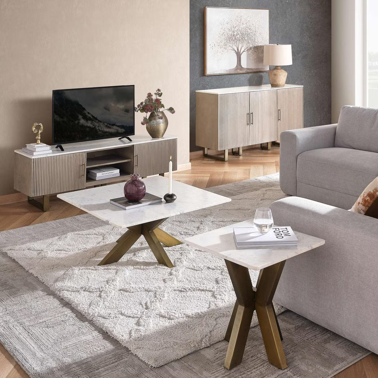 Roe coffee table marble - white & antique brass