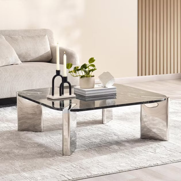 طاولة قهوة أيسر رخامية - فضية خضراء 