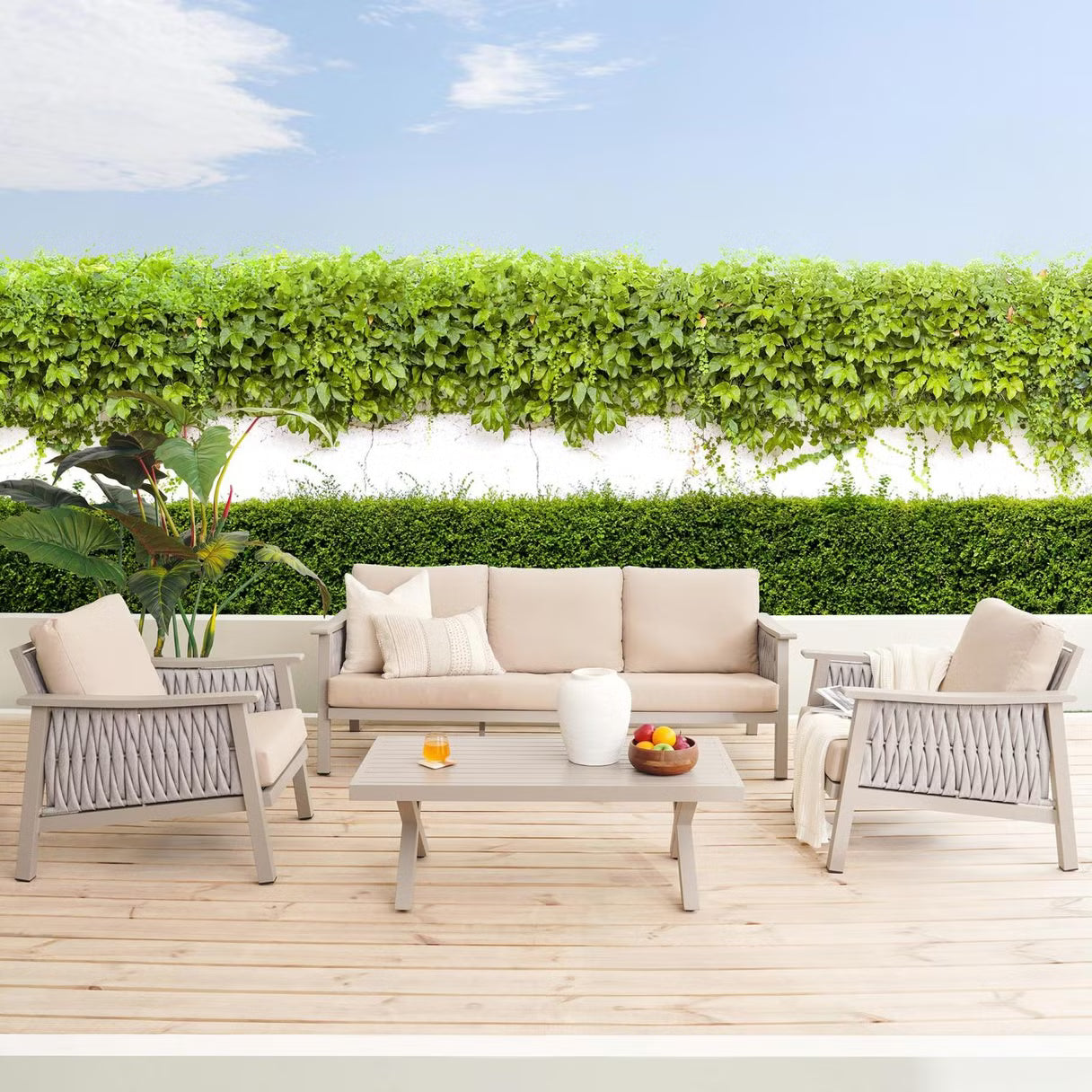 طقم أريكة خارجية من رام 3+1+1+طاولة قهوة - بيج 