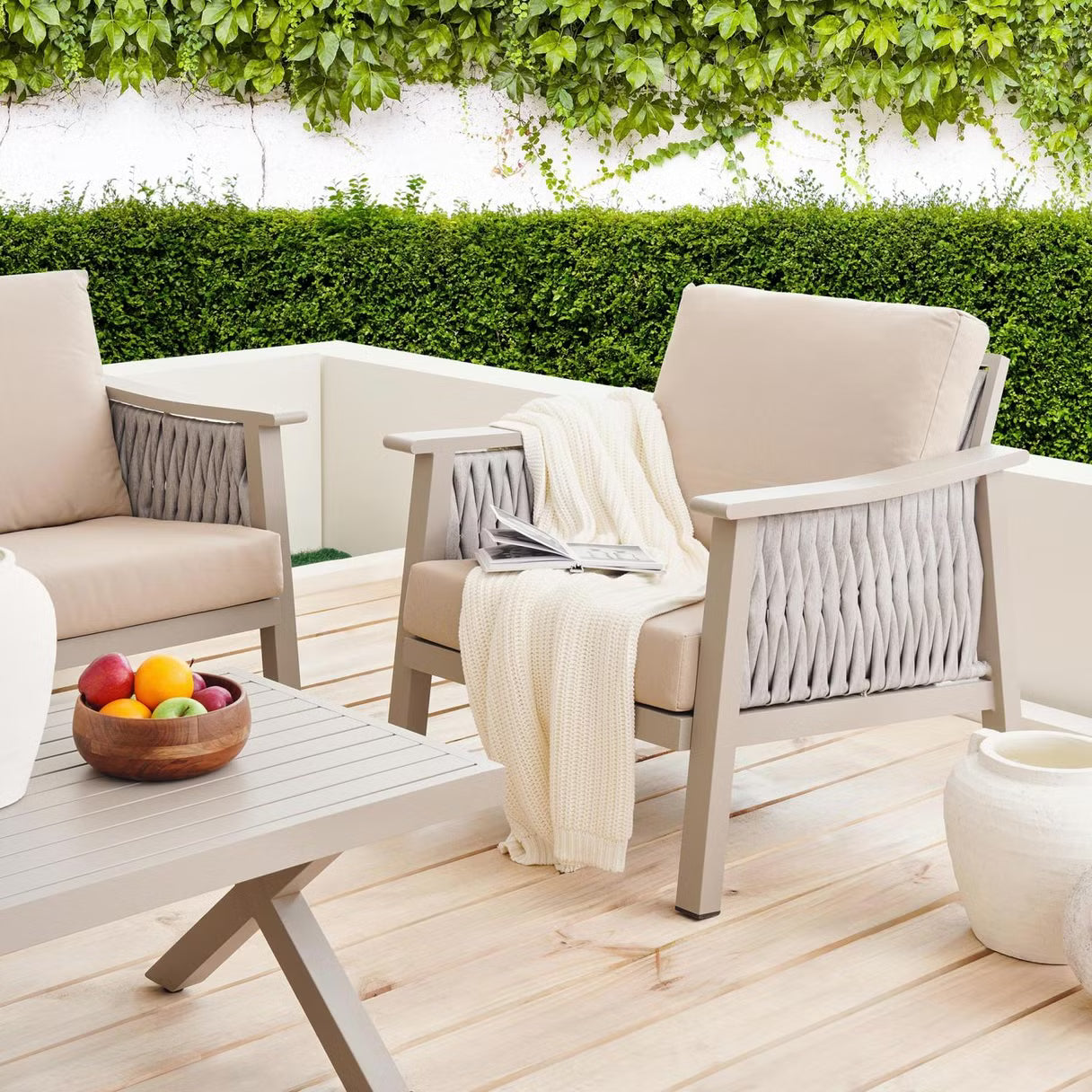 طقم أريكة خارجية من رام 3+1+1+طاولة قهوة - بيج 