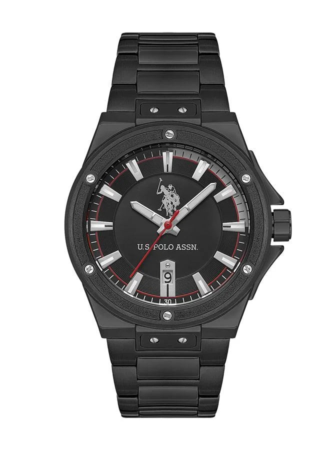 ساعة رجالية أساسية من مجموعة بولو الأمريكية، مقاس 42 مم، بمينا أسود وسوار من الفولاذ المقاوم للصدأ 