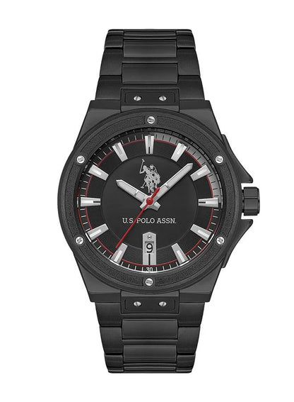 ساعة رجالية أساسية من مجموعة بولو الأمريكية، مقاس 42 مم، بمينا أسود وسوار من الفولاذ المقاوم للصدأ 