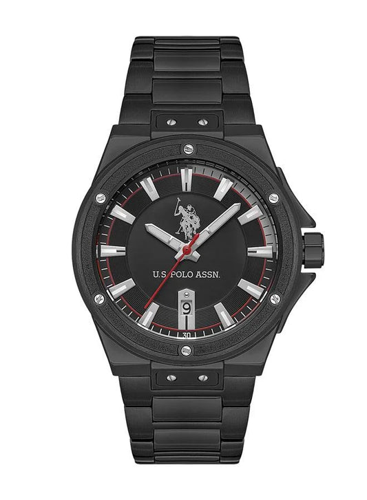 ساعة رجالية أساسية من مجموعة بولو الأمريكية، مقاس 42 مم، بمينا أسود وسوار من الفولاذ المقاوم للصدأ 