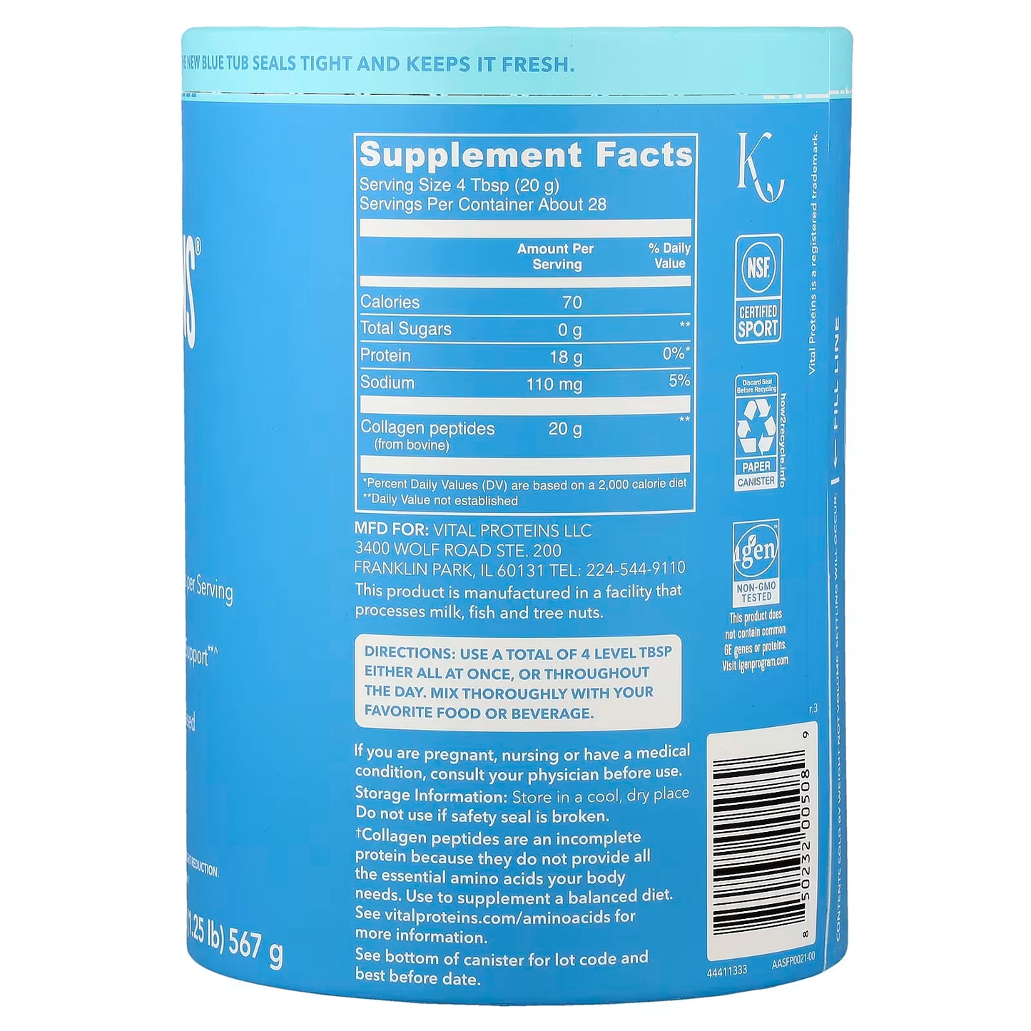 Vital Proteins, Collagen Peptides, Unflavored, 20 oz (567 g)