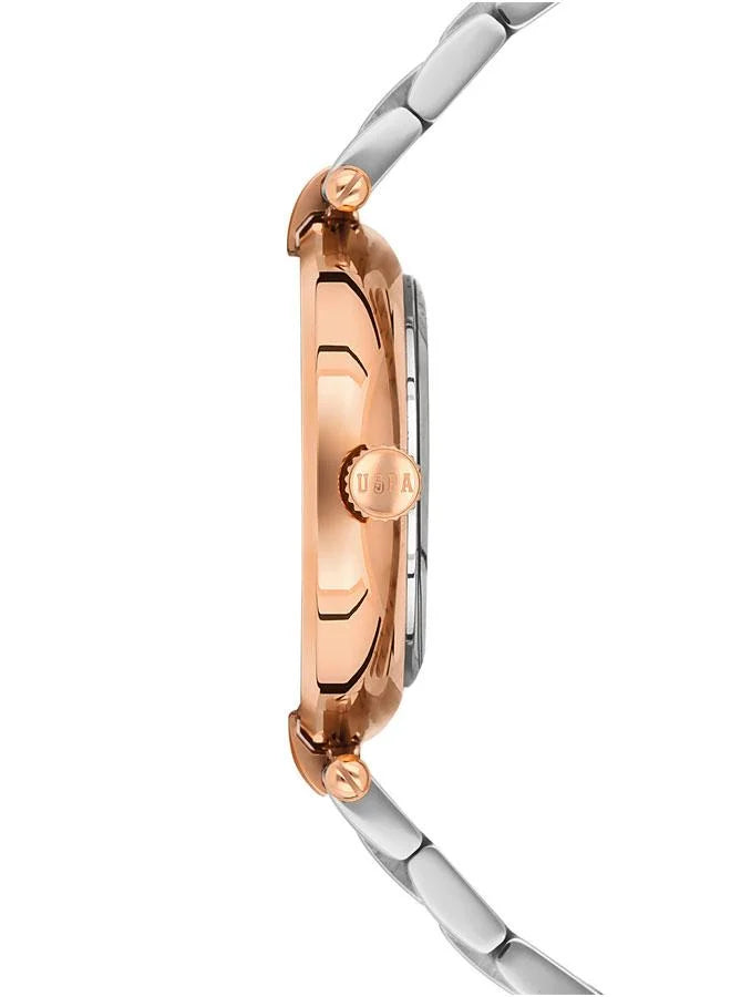 ساعة يو إس بولو أسن ستايل النسائية، مقاس 35 مم، بميناء من الذهب الوردي وسوار من الفولاذ المقاوم للصدأ ثنائي اللون 
