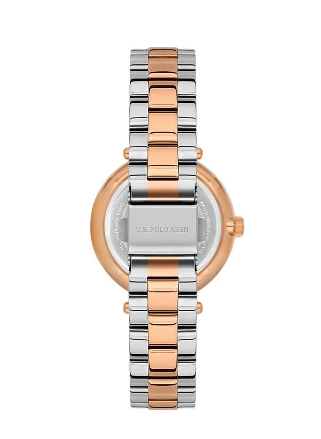 ساعة يو إس بولو أسن ستايل النسائية، مقاس 35 مم، بميناء من الذهب الوردي وسوار من الفولاذ المقاوم للصدأ ثنائي اللون 