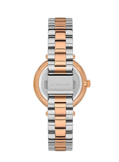ساعة يو إس بولو أسن ستايل النسائية، مقاس 35 مم، بميناء من الذهب الوردي وسوار من الفولاذ المقاوم للصدأ ثنائي اللون 