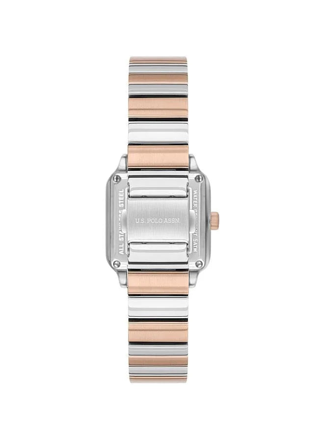 ساعة يو إس بولو أسن ستايل النسائية، مقاس ٢٨ مم، بمينا أبيض من عرق اللؤلؤ وسوار من الفولاذ المقاوم للصدأ ثنائي اللون 