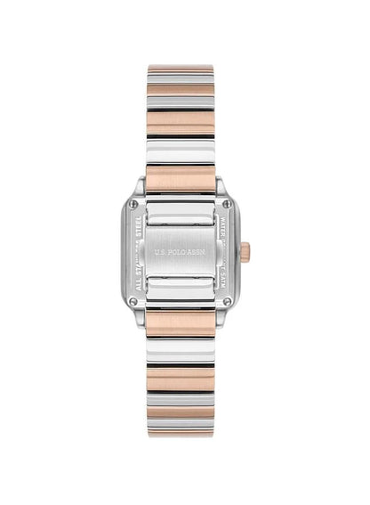 ساعة يو إس بولو أسن ستايل النسائية، مقاس ٢٨ مم، بمينا أبيض من عرق اللؤلؤ وسوار من الفولاذ المقاوم للصدأ ثنائي اللون 