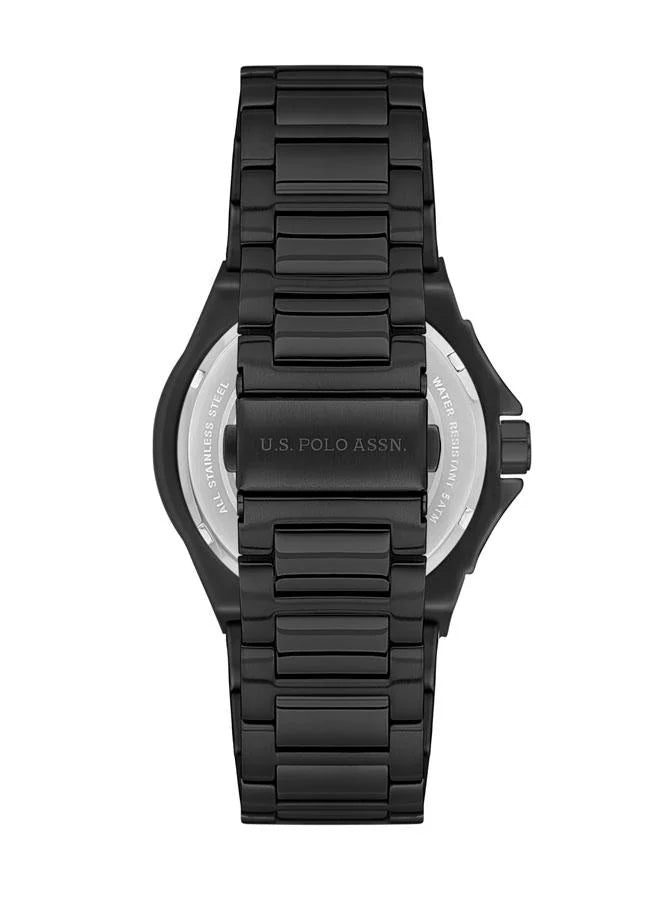 ساعة رجالية أساسية من مجموعة بولو الأمريكية، مقاس 42 مم، بمينا أسود وسوار من الفولاذ المقاوم للصدأ 