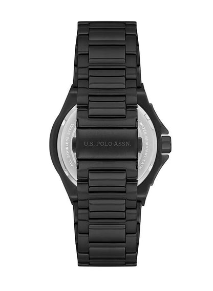 ساعة رجالية أساسية من مجموعة بولو الأمريكية، مقاس 42 مم، بمينا أسود وسوار من الفولاذ المقاوم للصدأ 