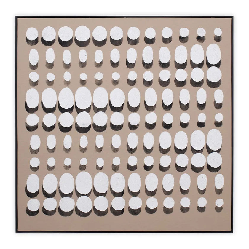 لوحة فنية جدارية تجريدية منقطة بإطار مخفي، بيج وأبيض - ١٢٠×١٢٠ سم 