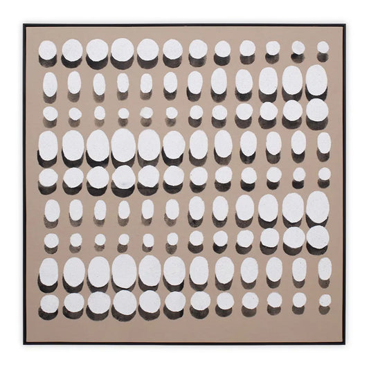 لوحة فنية جدارية تجريدية منقطة بإطار مخفي، بيج وأبيض - ١٢٠×١٢٠ سم 