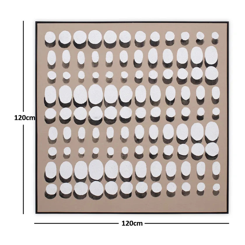 لوحة فنية جدارية تجريدية منقطة بإطار مخفي، بيج وأبيض - ١٢٠×١٢٠ سم 