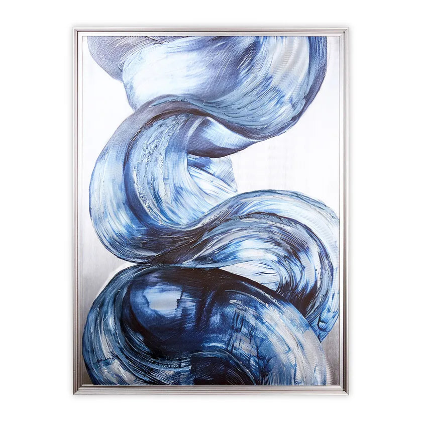 لوحة فنية جدارية تجريدية بإطار، بتصميم ضربات فرشاة دوامية، أزرق وفضي - 75×100 سم 