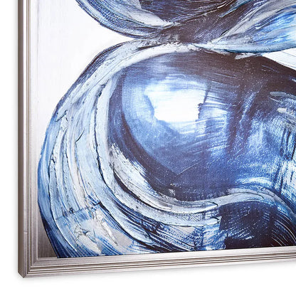 لوحة فنية جدارية تجريدية بإطار، بتصميم ضربات فرشاة دوامية، أزرق وفضي - 75×100 سم 