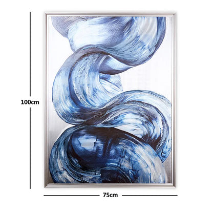 لوحة فنية جدارية تجريدية بإطار، بتصميم ضربات فرشاة دوامية، أزرق وفضي - 75×100 سم 