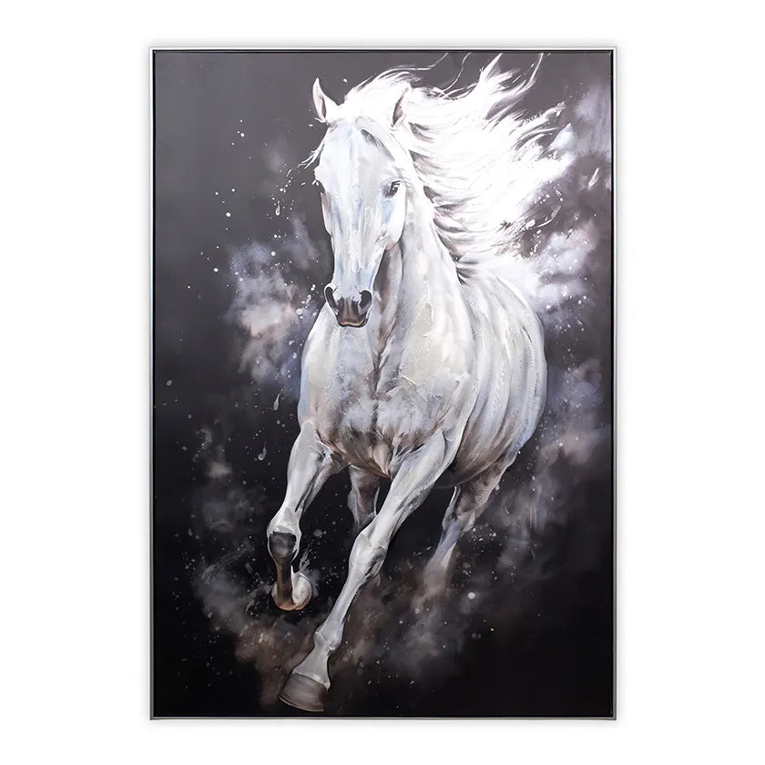 لوحة فنية جدارية مؤطرة لحصان أبيض يركض، باللونين الأبيض والأسود - ١٠٠×١٥٠ سم 