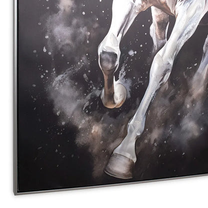 لوحة فنية جدارية مؤطرة لحصان أبيض يركض، باللونين الأبيض والأسود - ١٠٠×١٥٠ سم 