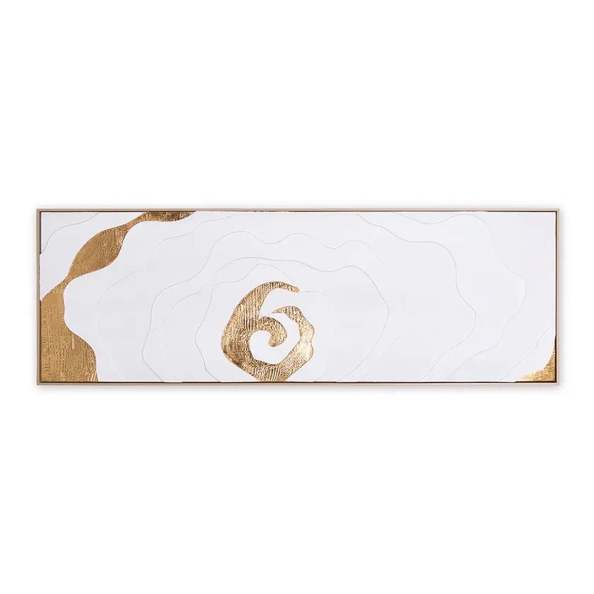 لوحة فنية جدارية تجريدية بإطار حلزوني من تصميم روث، بلمسات معدنية، باللونين الأبيض والذهبي - ٥٢×١٥٢ سم 