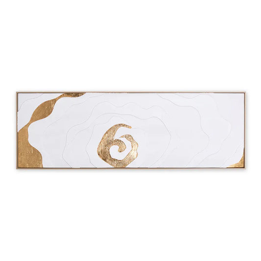 لوحة فنية جدارية تجريدية بإطار حلزوني من تصميم روث، بلمسات معدنية، باللونين الأبيض والذهبي - ٥٢×١٥٢ سم 