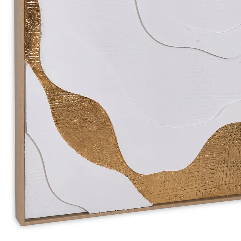 لوحة فنية جدارية تجريدية بإطار حلزوني من تصميم روث، بلمسات معدنية، باللونين الأبيض والذهبي - ٥٢×١٥٢ سم 