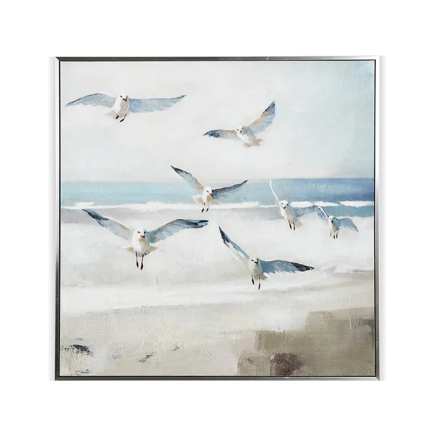 Impressionistic Seascape with Flying Gulls Framed Wall Art, Blue - 80x80cm