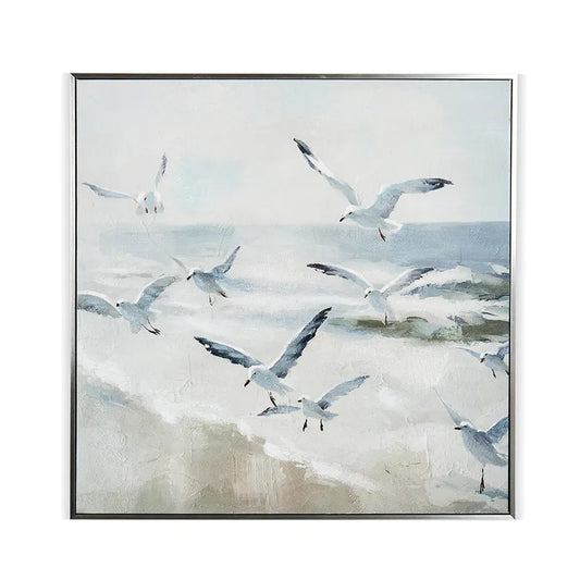 Flock of Gulls Abstract Seascape Hand painted Framed Wall Art, Blue - 80x80cm