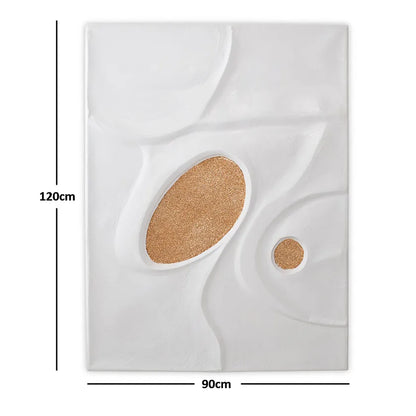 لوحة فنية تجريدية بدون إطار، بلمسات ذهبية بيضاوية، لون أبيض - 90×120 سم 