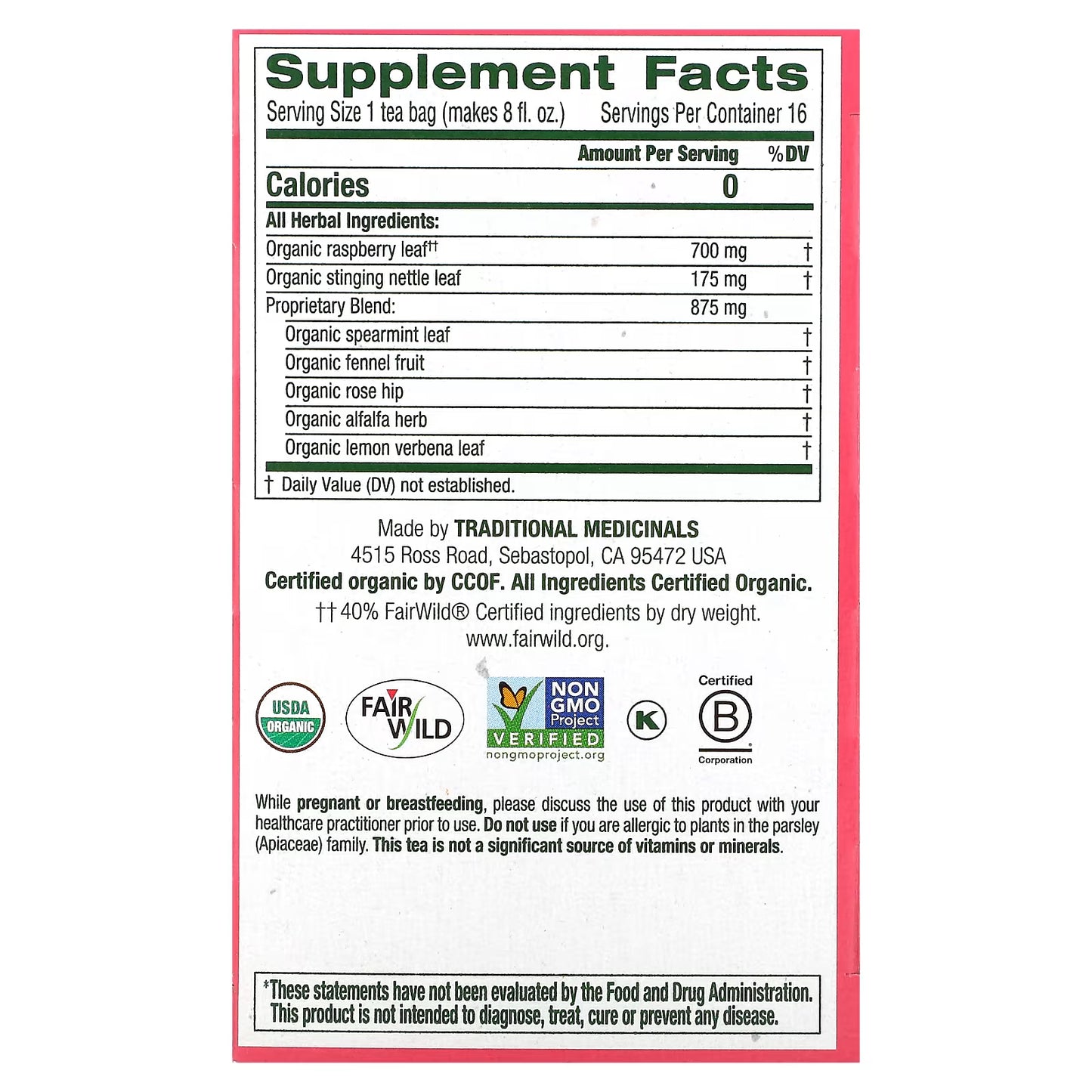 Traditional Medicinals, Organic Pregnancy® Tea, Raspberry Leaf, Caffeine Free, 16 Wrapped Tea Bags, 0.99 oz (28 g)