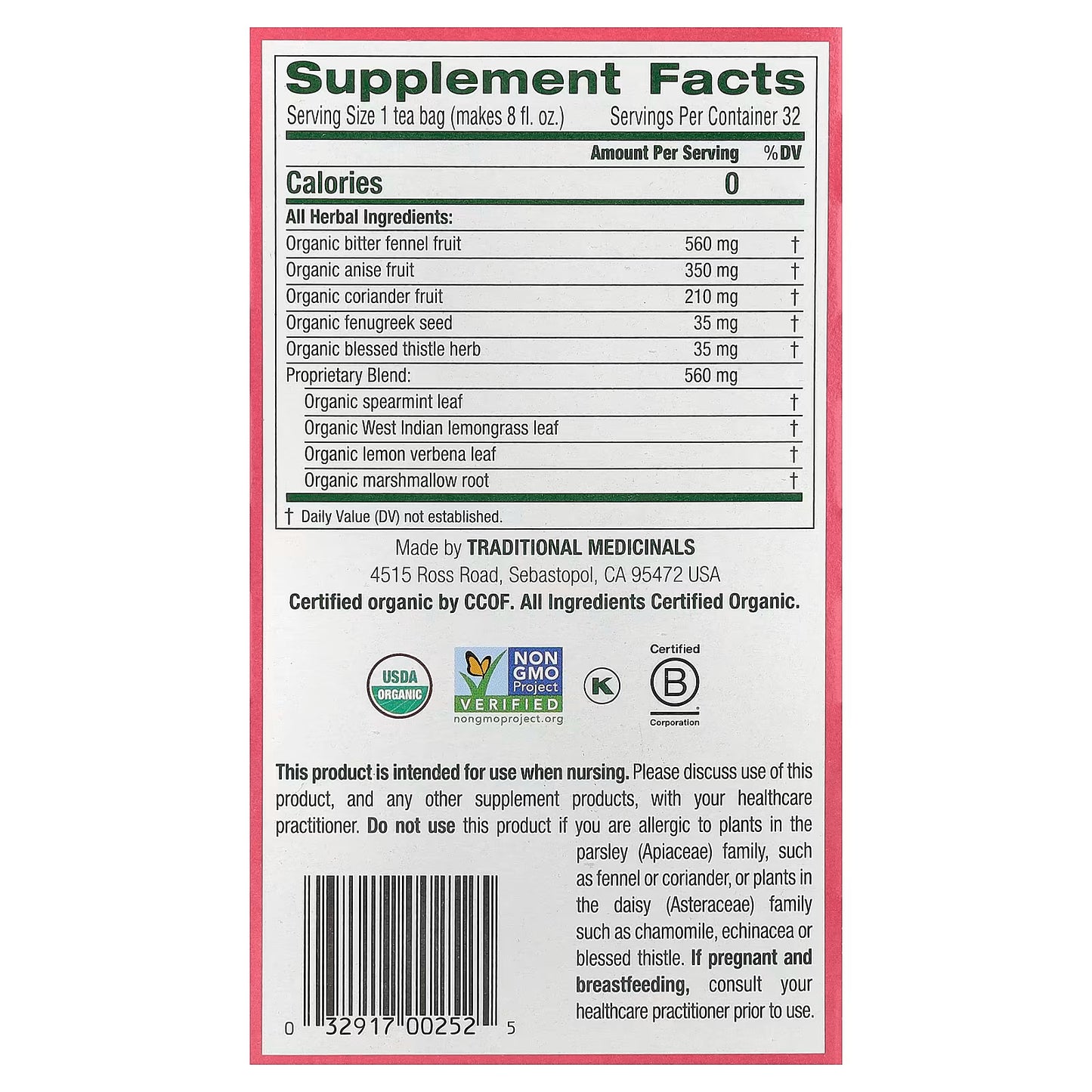 Traditional Medicinals, Organic Mother's Milk®, Original with Fennel & Fenugreek, Caffeine Free, 32 Wrapped Tea Bags, 1.98 oz (56 g)