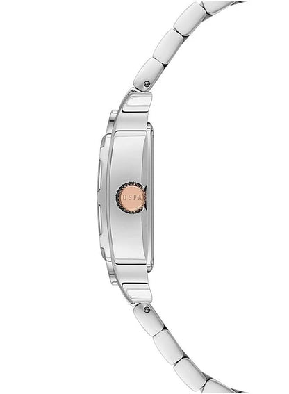 ساعة يو إس بولو أسن ستايل النسائية، مقاس ٢٨ مم، بمينا أبيض من عرق اللؤلؤ وسوار من الفولاذ المقاوم للصدأ ثنائي اللون 