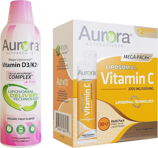 Aurora Nutrascience Mega Liposomal Vitamin C, 3,000 mg per Serving, Immune Support & Mega-Liposomal D3/K2 with Vitamin C for Calcium Absorption & Immune Support