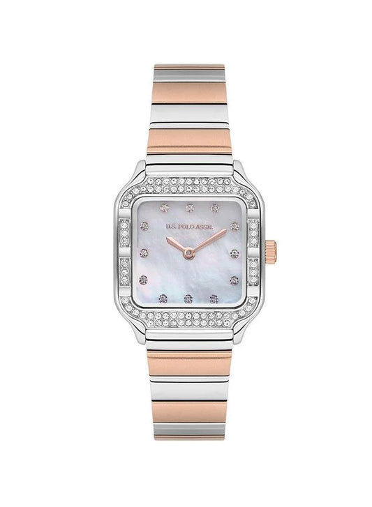 U.S. Polo Assn. Stile 28mm Women's Watch with White Mother-of-Pearl Dial & Two-tone Stainless Steel Bracelet