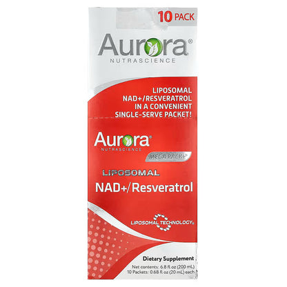 Aurora Nutrascience, Mega-Pack+®, Liposomal NAD +/ Resveratrol، 10 عبوات، 0.68 أونصة سائلة (20 مل) لكل عبوة 