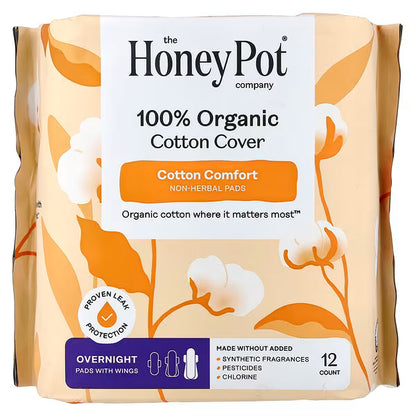The Honey Pot Company, 100% Organic Cotton Cover, Non-Herbal Pads with Wings, Overnight, 12 Count