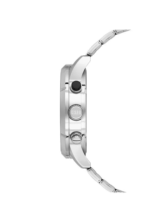 ساعة كروسينغ متعددة الوظائف للرجال من يو إس بولو أسن، مقاس 46 مم، بمينا أسود وسوار من الفولاذ المقاوم للصدأ 