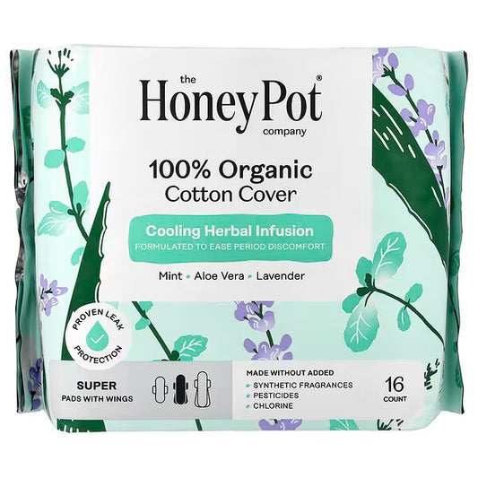 The Honey Pot Company, 100% Organic Cotton Cover, Pads with Wings, Super, 16 Count