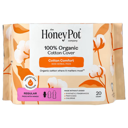 The Honey Pot Company, 100% Organic Cotton Cover, Non-Herbal Pads with Wings, Regular, 20 Count