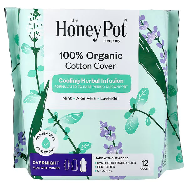 The Honey Pot Company, Organic Cooling Herbal Infusion, Pads with Wings, Overnight, 12 Count