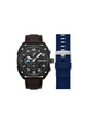 Men's Portland Black Dial Dark Brown Blue Silicone Straps Multifunction Watch for Men - 44.5mm