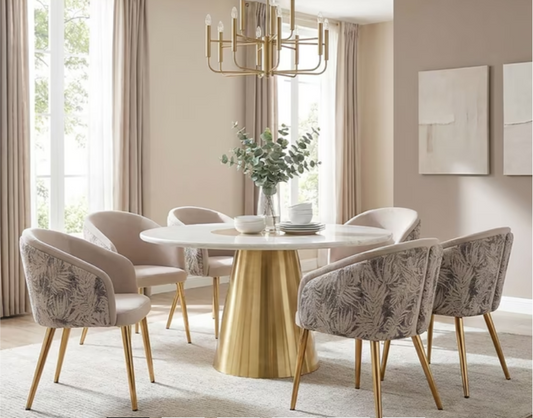 Meyo 1 + 6 seater dining set with bridgen dining chairs package - white and gold
